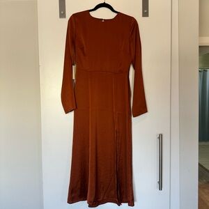 WILFRED ARITZIA Size 4 Evora Long‎ Sleeve Open Back Satin Rustwood Midi Dress